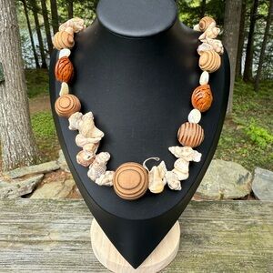 Vintage OOAK Shell Wood Nut Necklace Korea Beaded